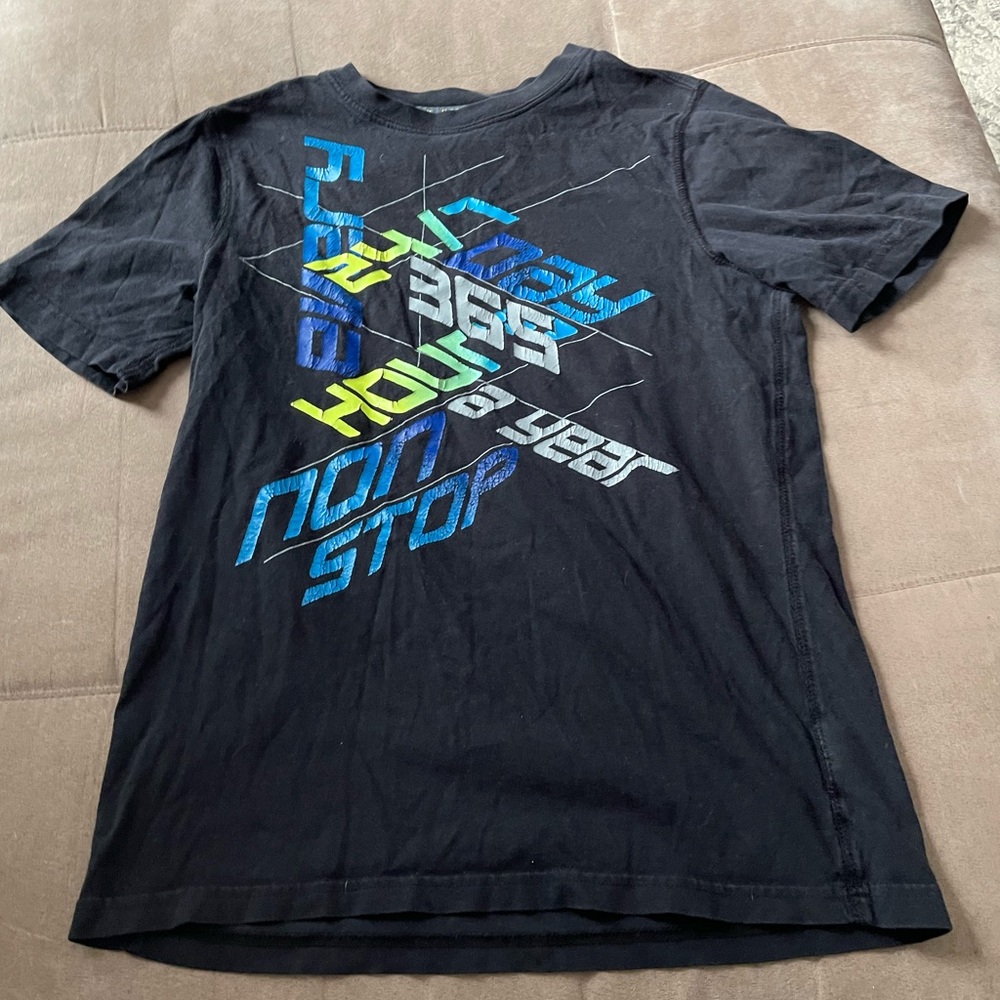 black graphic tee w/ blue & green lettering